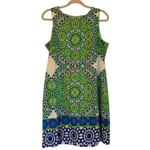 London Times White, Green & Blue Geometric Print Sleeveless Cotton Dress Size 12